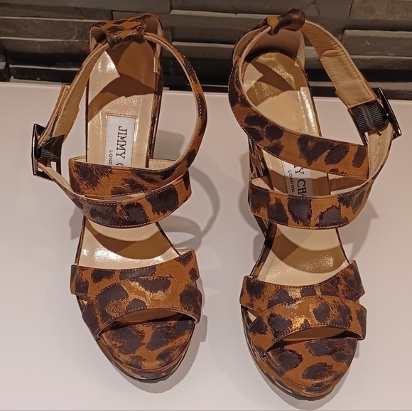 Jimmy CHOO leopard fabric print strappy anckle sandals platforms wedges - Picture 8 of 10